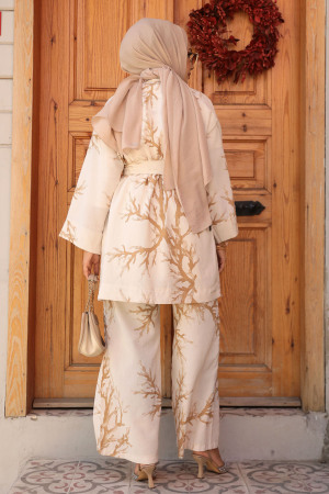 Desenli Camel Tesettür İkili Kimono Takım 12121C - 3