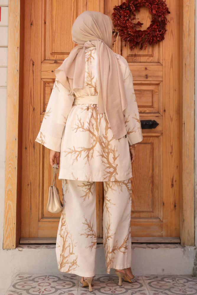Desenli Camel Tesettür İkili Kimono Takım 12121C - 3