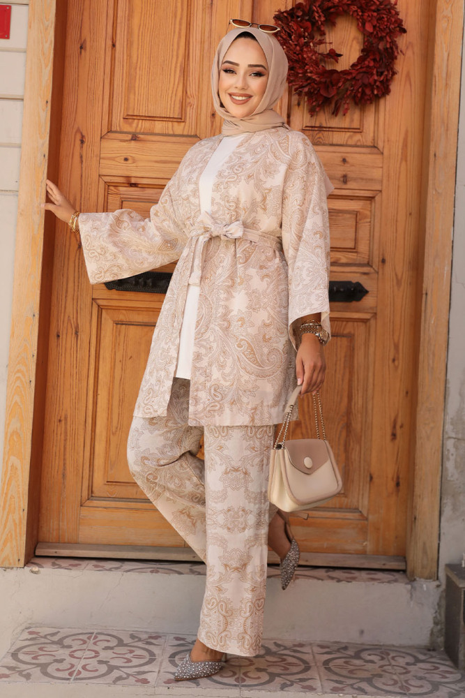 Desenli Camel Tesettür İkili Kimono Takım 12122C - 1