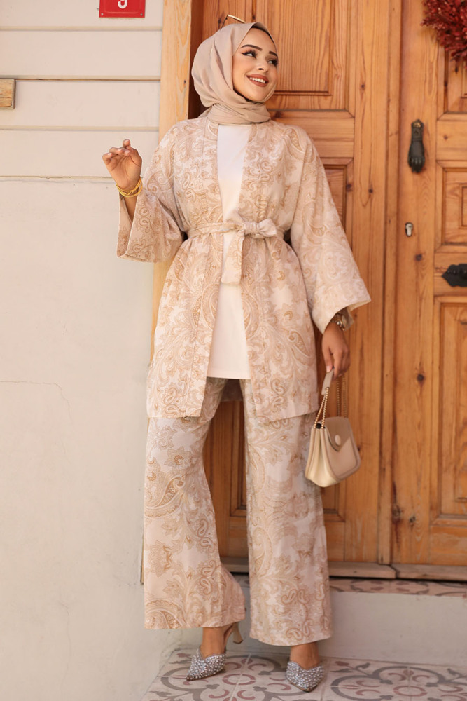 Desenli Camel Tesettür İkili Kimono Takım 12122C - 3