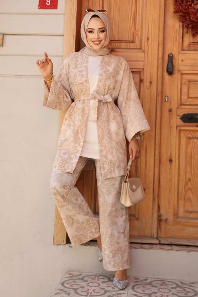 Desenli Camel Tesettür İkili Kimono Takım 12122C - 2