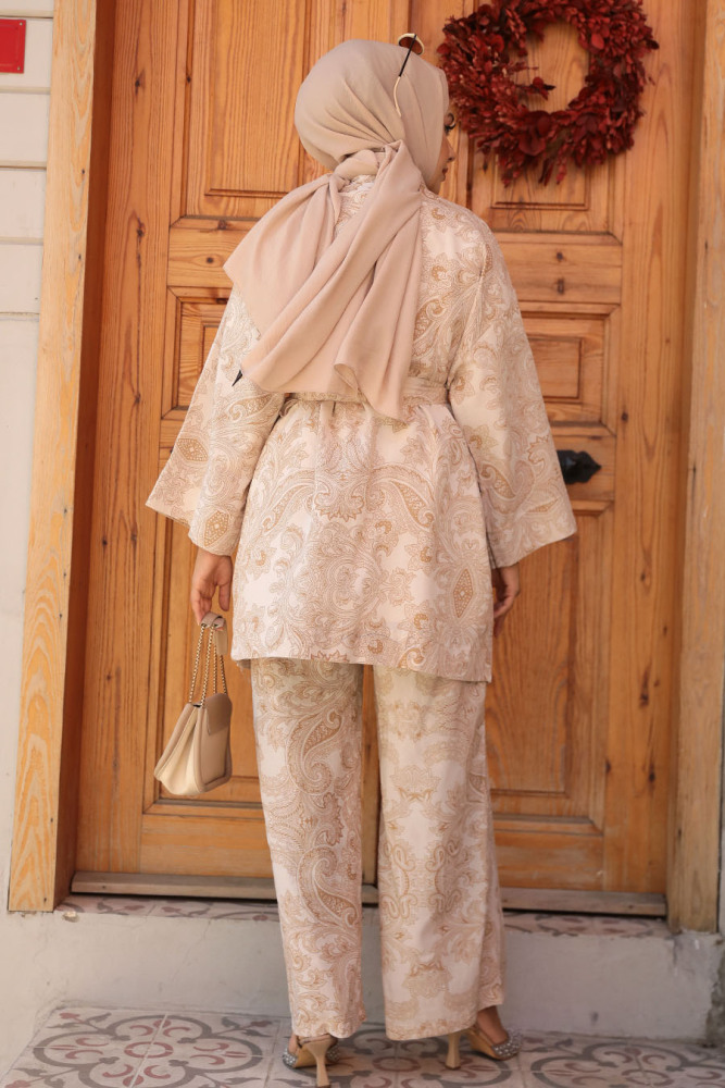 Desenli Camel Tesettür İkili Kimono Takım 12122C - 4