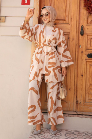 Desenli Camel Tesettür İkili Kimono Takım 12123C - 1