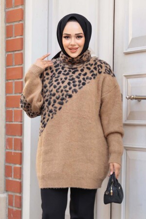 Desenli Camel Tesettür Triko Kazak Tunik 8818C - 1