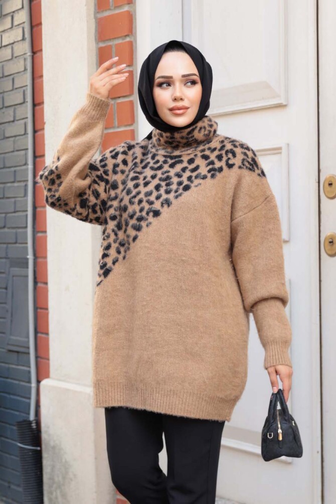 Desenli Camel Tesettür Triko Kazak Tunik 8818C - 2