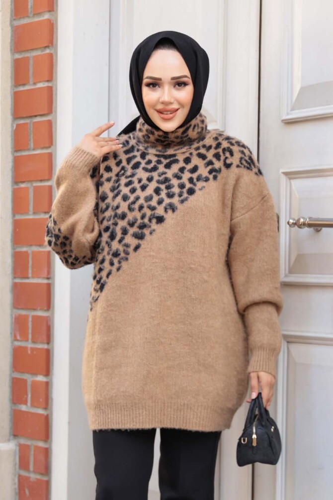 Desenli Camel Tesettür Triko Kazak Tunik 8818C - 1