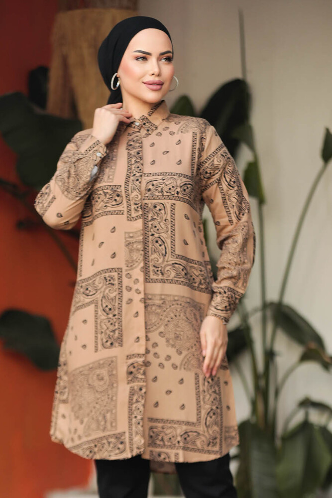 Desenli Camel Tesettür Tunik 25018C - 2