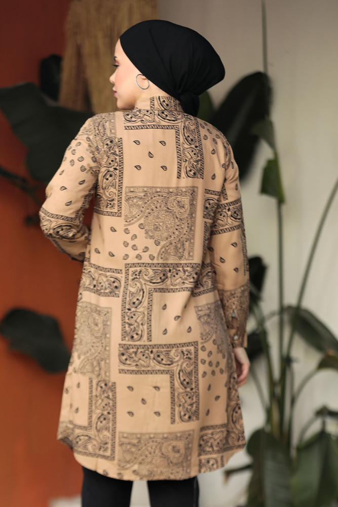 Desenli Camel Tesettür Tunik 25018C - 3