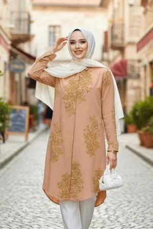 Desenli Camel Tesettür Tunik 11720C 