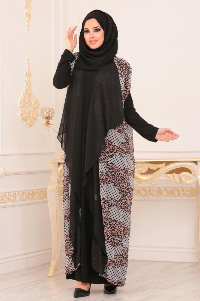 Desenli Ekru Tesettür Abaya 89611E - 1