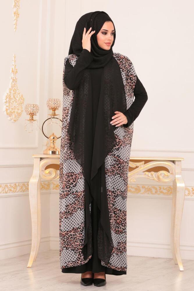Desenli Ekru Tesettür Abaya 89611E - 2