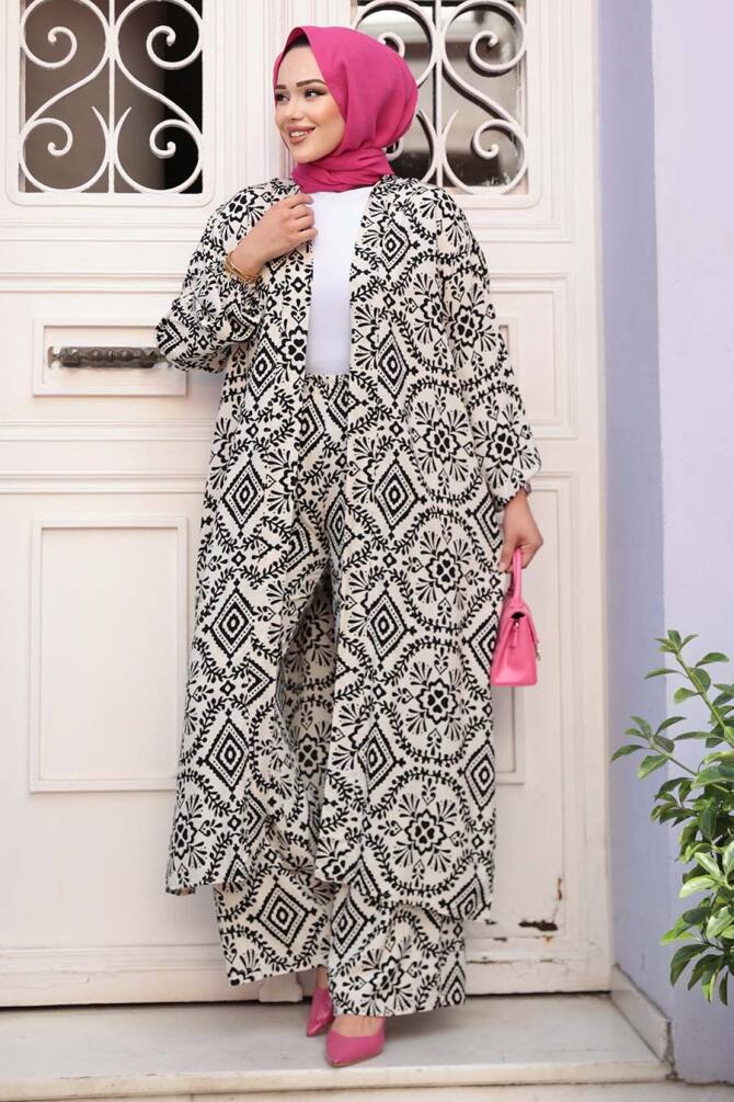Desenli Ekru Tesettür İkili Kimono Takım 12889E - 4