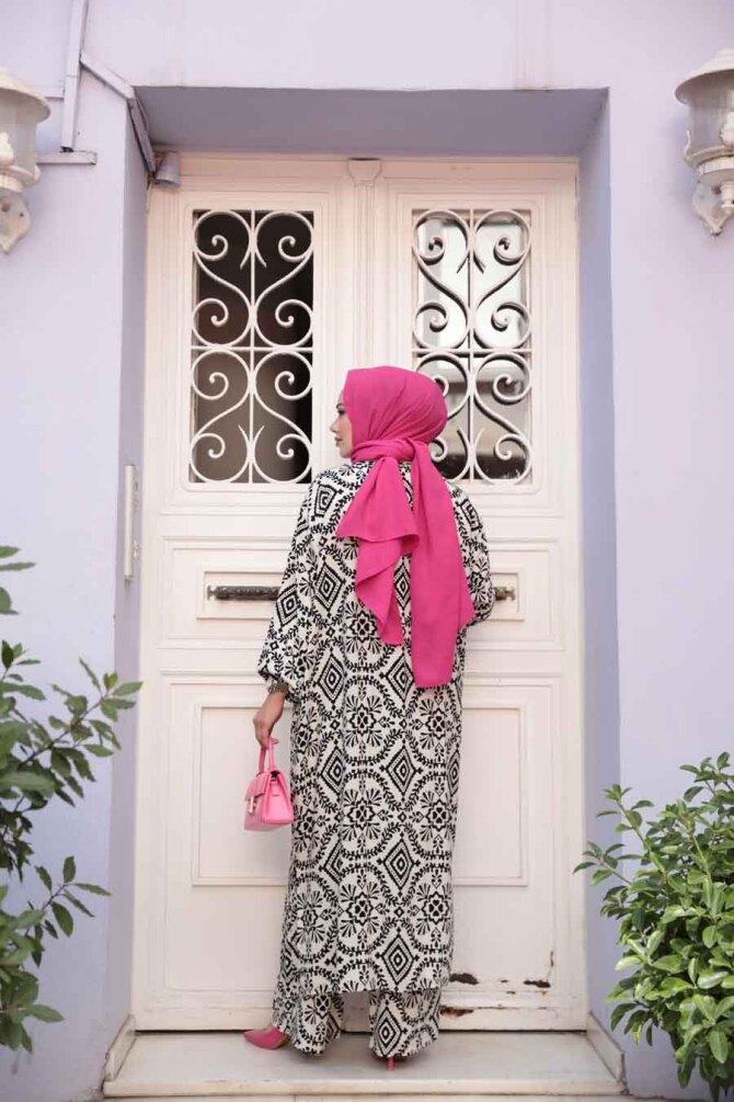 Desenli Ekru Tesettür İkili Kimono Takım 12889E - 5
