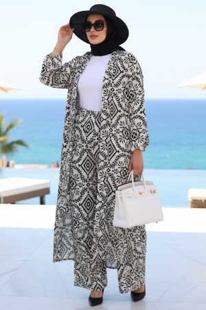Desenli Ekru Tesettür İkili Kimono Takım 12889E - 1