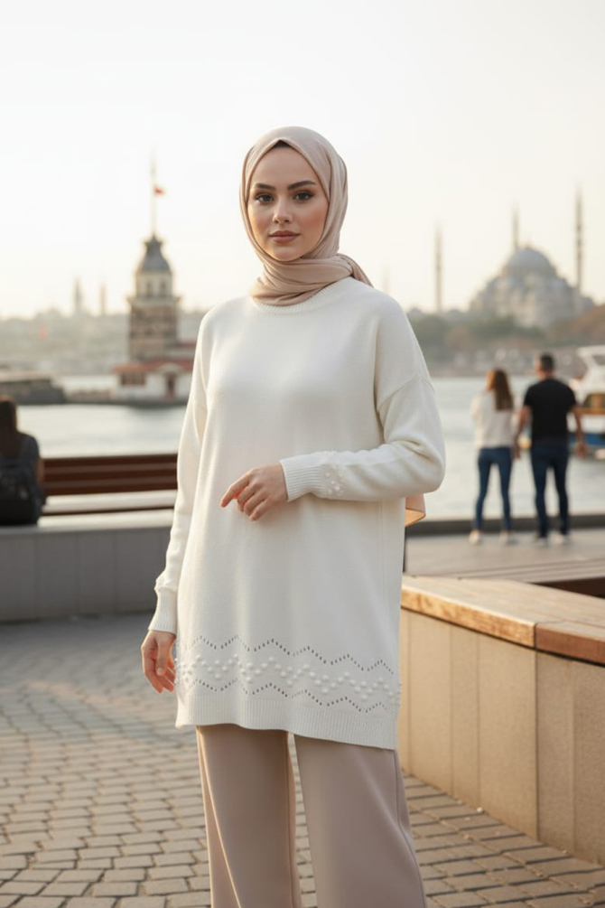 Desenli Ekru Tesettür Triko Kazak Tunik 20023E - 1