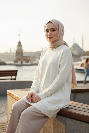 Desenli Ekru Tesettür Triko Kazak Tunik 20023E - 2