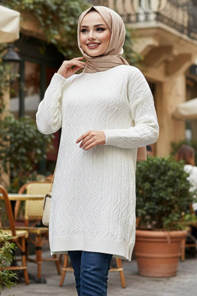 Desenli Ekru Tesettür Triko Kazak Tunik 86541E - N.S NEVA STYLE