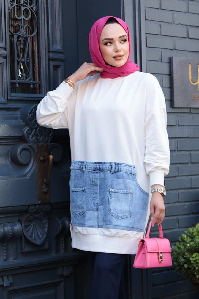 Desenli Ekru Tesettür Tunik 10631E - 1