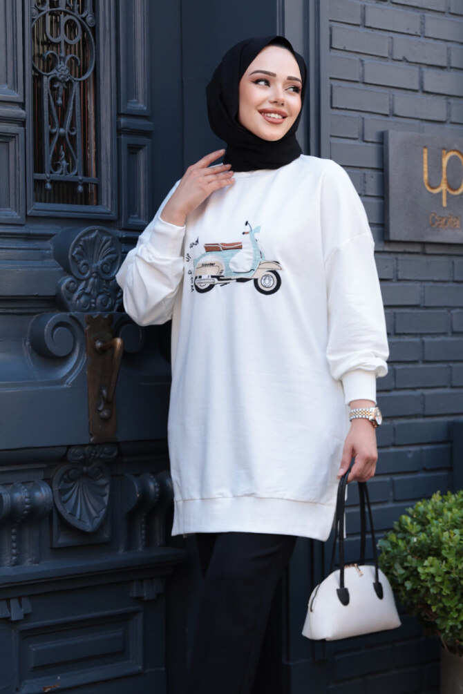 Desenli Ekru Tesettür Tunik 10636E - 1