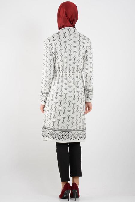 Desenli Ekru Triko Tesettür Hırka 3502E - 3