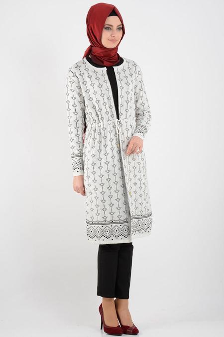 Desenli Ekru Triko Tesettür Hırka 3502E - 2