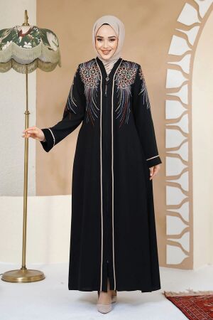 Desenli Fermuarlı Siyah Tesettür Abaya 41565S 