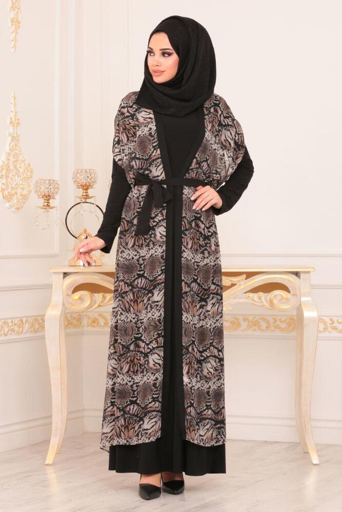 Desenli Füme Tesettür Abaya 8957FU - 1
