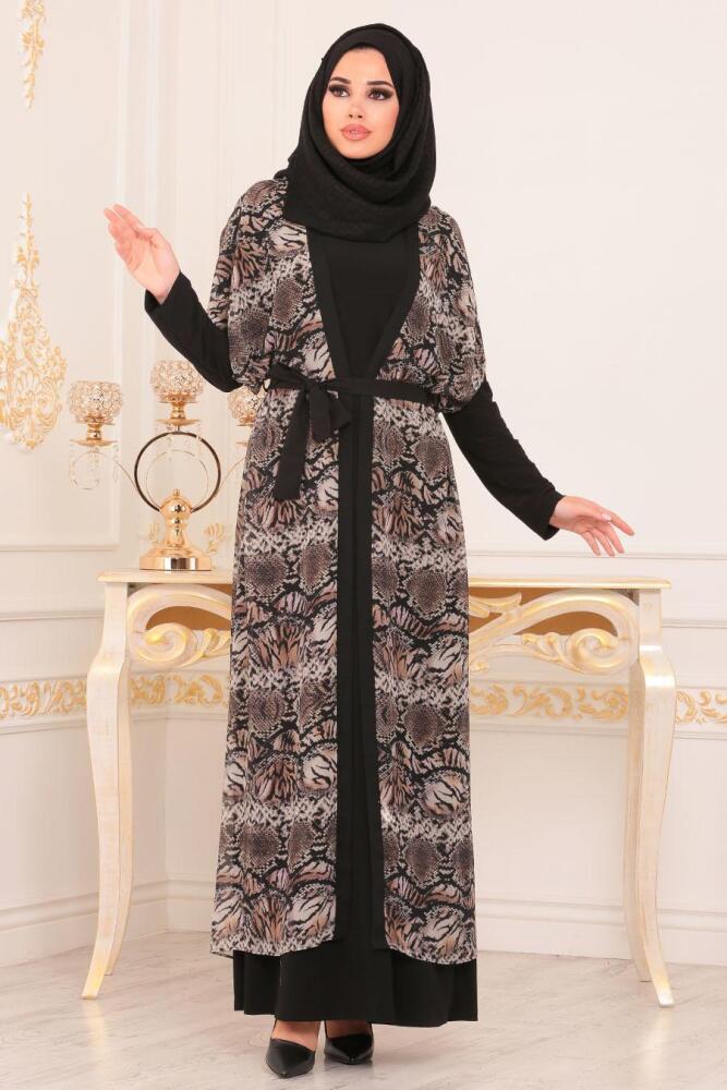 Desenli Füme Tesettür Abaya 8957FU - 2