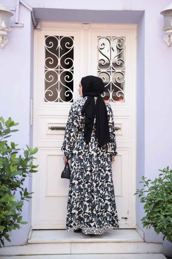 Desenli Füme Tesettür Elbise 24081FU - 3