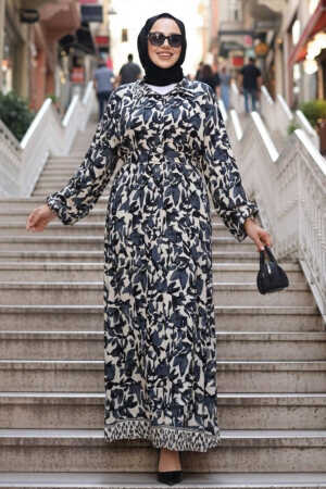 Desenli Füme Tesettür Elbise 24081FU 