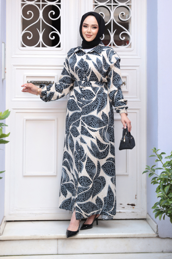 Desenli Füme Tesettür Elbise 24082FU - 1