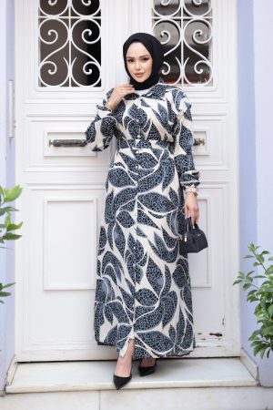 Desenli Füme Tesettür Elbise 24082FU - 2