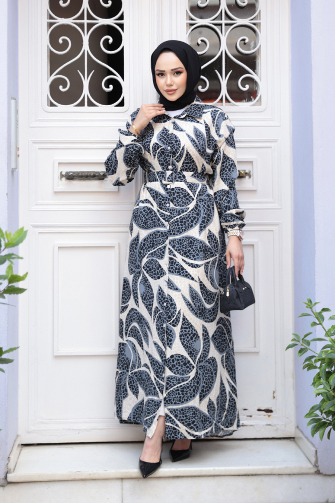 Desenli Füme Tesettür Elbise 24082FU - 2