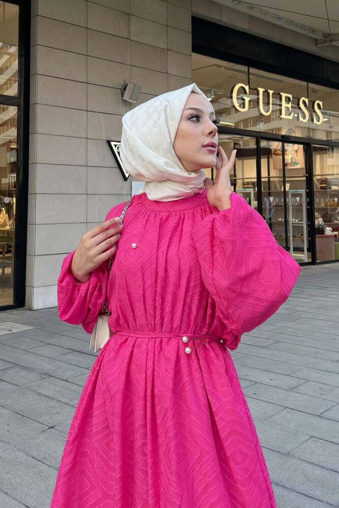 Desenli Fuşya Tesettür Elbise 14291F - 3