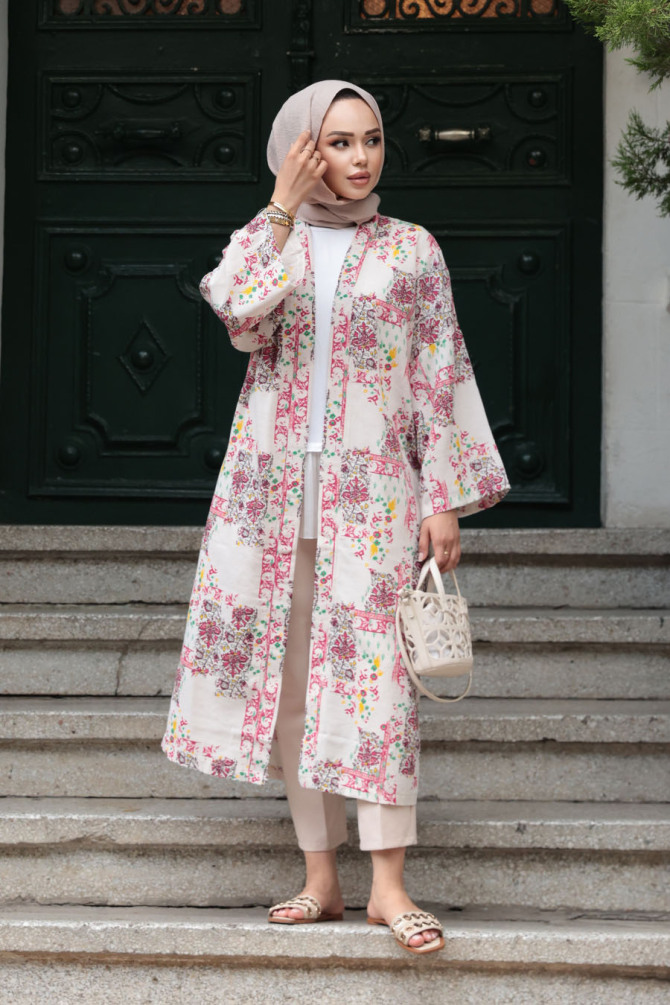 Desenli Fuşya Tesettür Kimono 32121F - 3