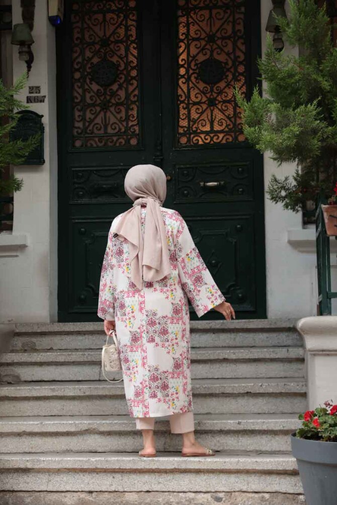 Desenli Fuşya Tesettür Kimono 32121F - 4