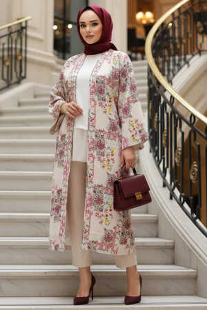 Desenli Fuşya Tesettür Kimono 32121F - N.S NEVA STYLE
