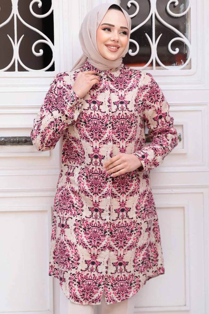 Desenli Fuşya Tesettür Viskon Tunik 11737F - NEVA STYLE