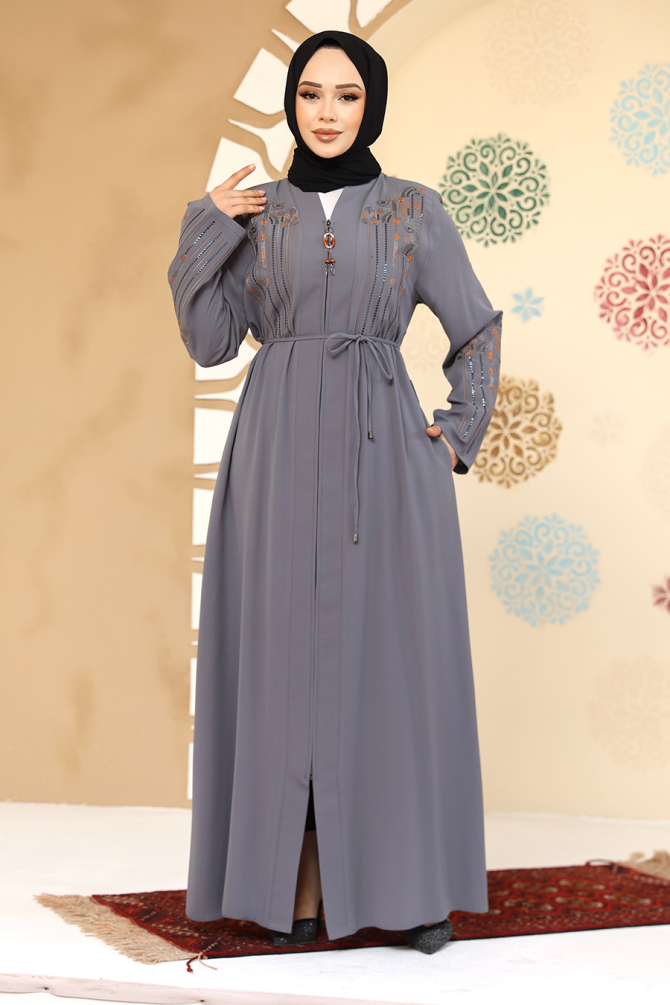 Desenli Gri Tesettür Abaya 45302GR - 3