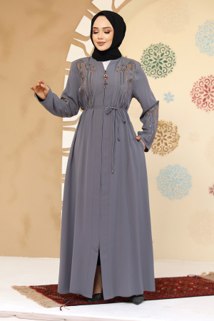 Desenli Gri Tesettür Abaya 45302GR - 2
