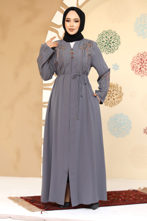 Desenli Gri Tesettür Abaya 45302GR - 3