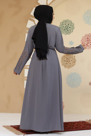 Desenli Gri Tesettür Abaya 45302GR - 4