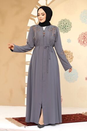 Desenli Gri Tesettür Abaya 45302GR 