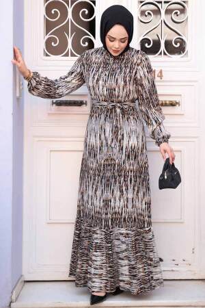 Desenli Gri Tesettür Elbise 52721GR 