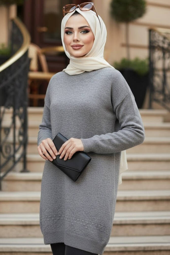Desenli Gri Tesettür Triko Kazak Tunik 20023GR - 1