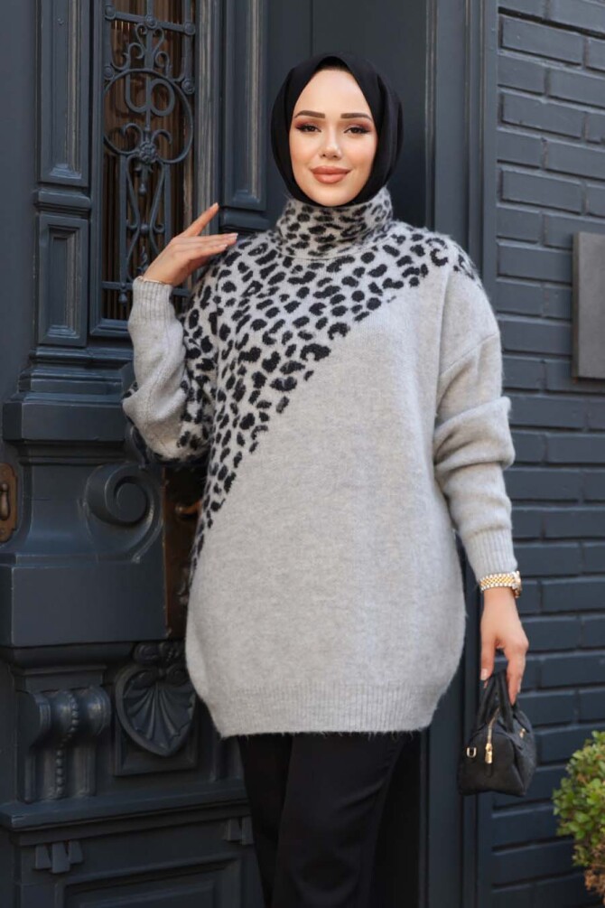 Desenli Gri Tesettür Triko Kazak Tunik 8818GR - 1