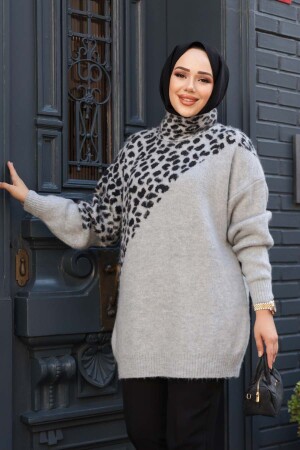 Desenli Gri Tesettür Triko Kazak Tunik 8818GR - 2