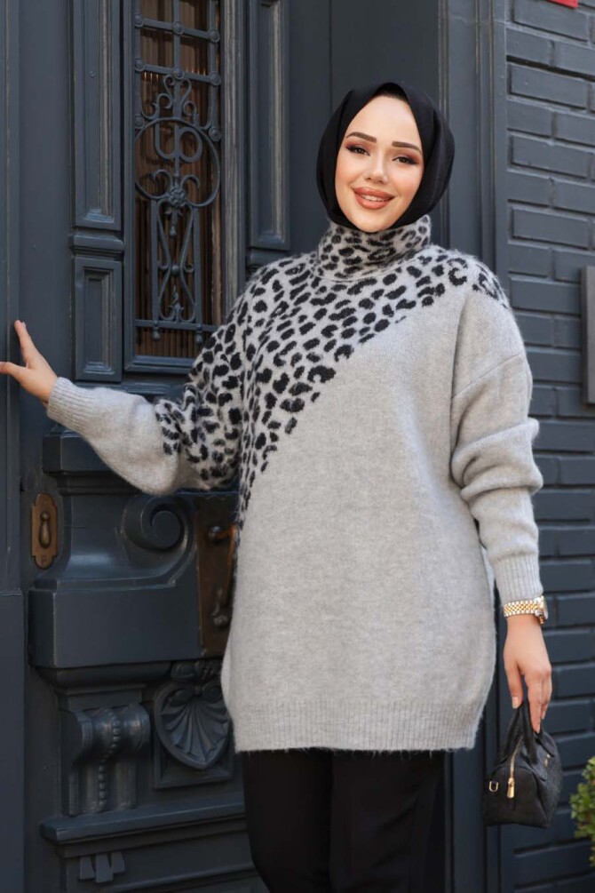 Desenli Gri Tesettür Triko Kazak Tunik 8818GR - 2