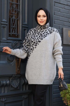 Desenli Gri Tesettür Triko Kazak Tunik 8818GR - 3