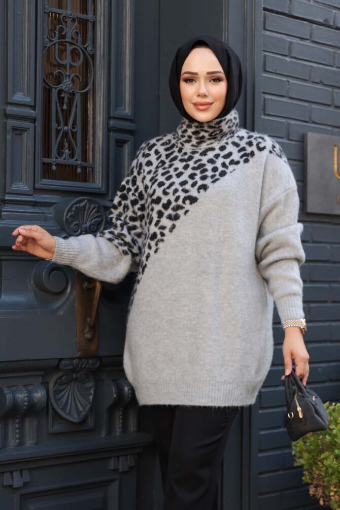 Desenli Gri Tesettür Triko Kazak Tunik 8818GR - 3